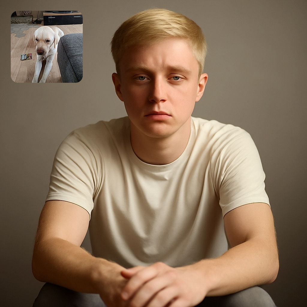A sleepy Labrador stretches out on a wooden floor next to a gray couch, with a TV and a decorative vase in the background, looking like it's contemplating the mysteries of the universe or just waiting for a treat.