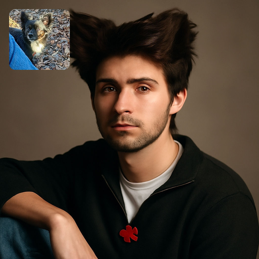 A curious small black and white dog with fluffy ears is looking up attentively, partially framed by a person's blue jeans, surrounded by dry autumn leaves on the ground with warm sunlight casting gentle shadows.