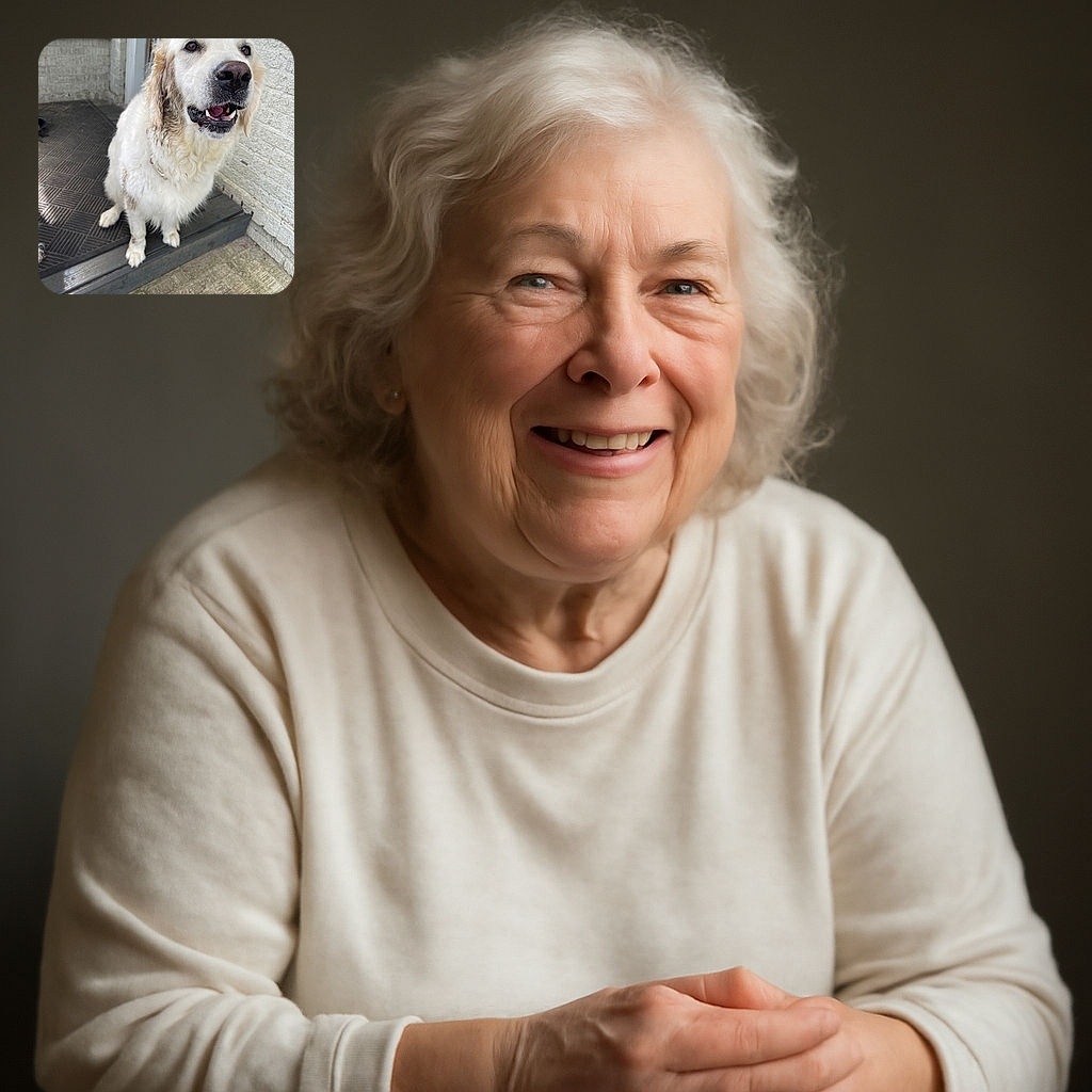 A happy golden retriever with a slightly muddy coat sits on a doorstep, looking up with a joyful expression and mouth open as if smiling, against a textured brick wall and a blue door in the background.