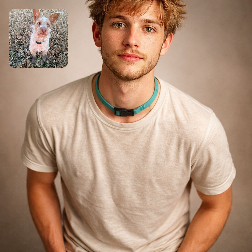 A scruffy, big-eared terrier sits amid dry grass giving the camera an earnest, slightly muddy stare — turquoise collar, muddy paws, and those perky ears make it look like a tiny, suspicious explorer who just found the snack stash.