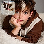 A wide-eyed Boston Terrier puppy nestled in a fluffy white blanket, clutching a pink toy in its mouth, looking adorably curious and ready for snuggles.