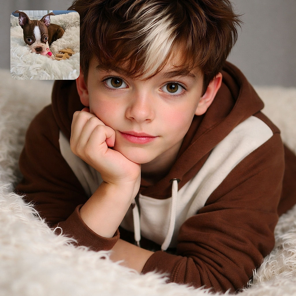 A wide-eyed Boston Terrier puppy nestled in a fluffy white blanket, clutching a pink toy in its mouth, looking adorably curious and ready for snuggles.