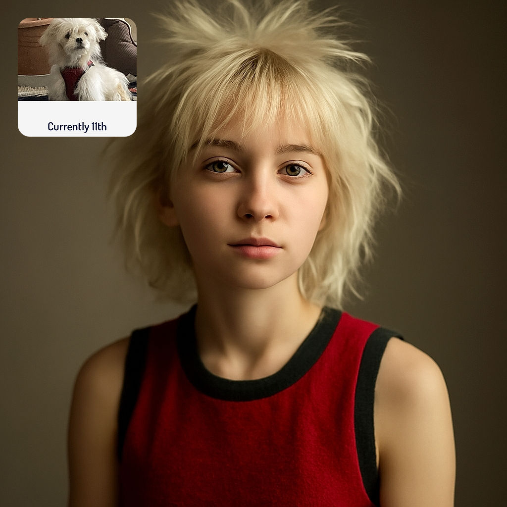 A fluffy white dog with a red harness poses indoors near a brown couch and a large pot, looking curiously at the camera. The photo is part of a voting contest interface with a prominent yellow 'VOTE' button and ranking text overlay.