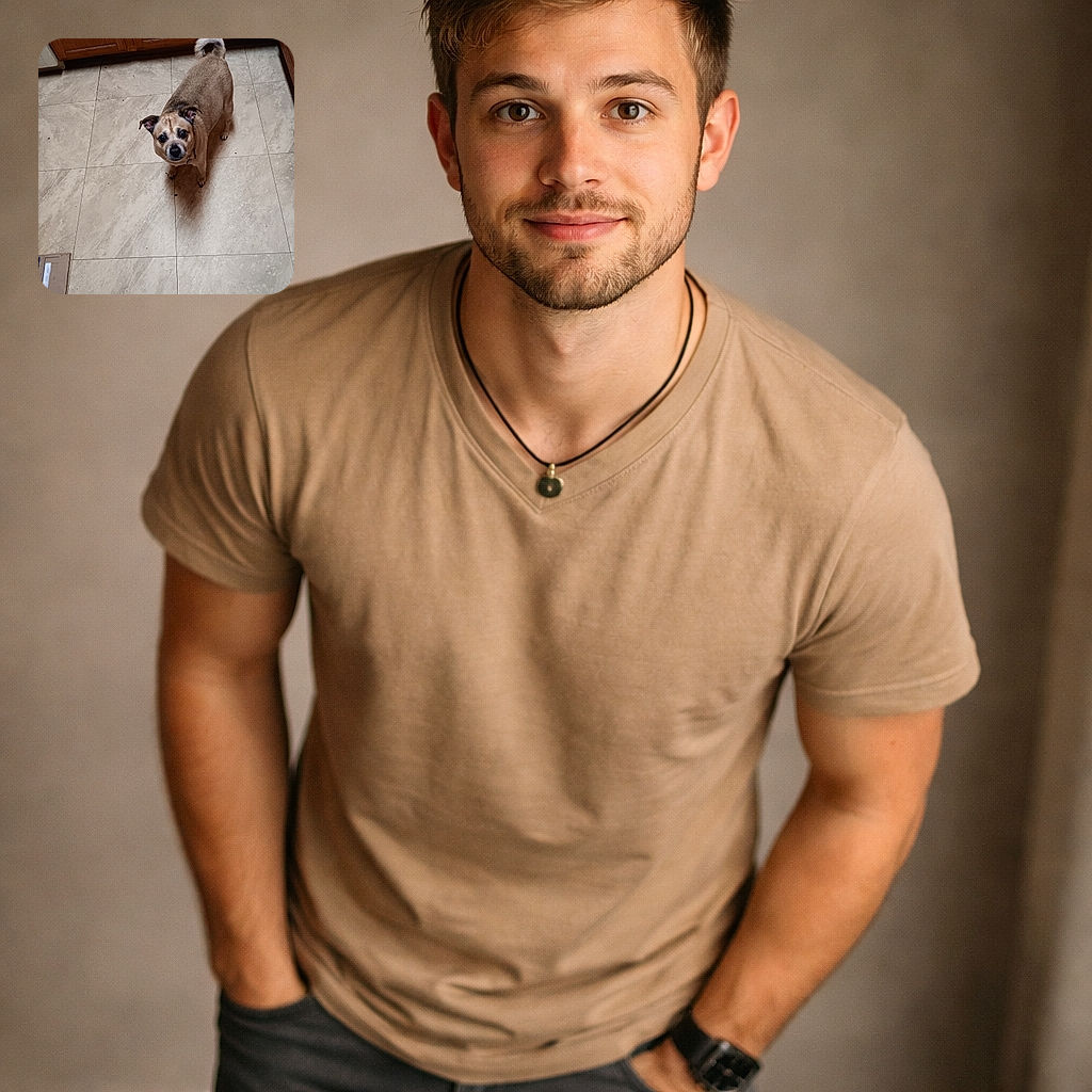 A hopeful little dog stares up with big, pleading eyes in a kitchen — tail curled, paws on the tile, and a slipper peeking at the bottom as if to say 'treats, please'.