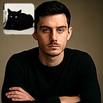 A sleek black cat with strikingly bright eyes lounges calmly on a light surface with a delicate floral pattern beneath, captured in a high-contrast monochrome style that highlights the cat's mysterious gaze.