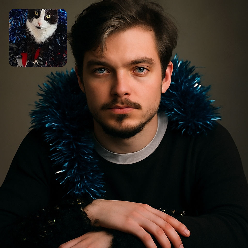 A charming black and white cat wrapped in shiny blue and black tinsel poses regally on a red and gray fabric surface with a tall orange vase in the background, looking curiously at the camera with bright green eyes.