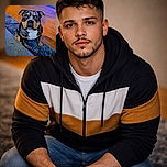 A charming dog with a striking merle coat pattern sits attentively on a cozy blue rug, its soulful eyes looking up as if waiting for a treat or a belly rub. The warm wooden floor and soft lighting add a homely, inviting atmosphere to the scene.
