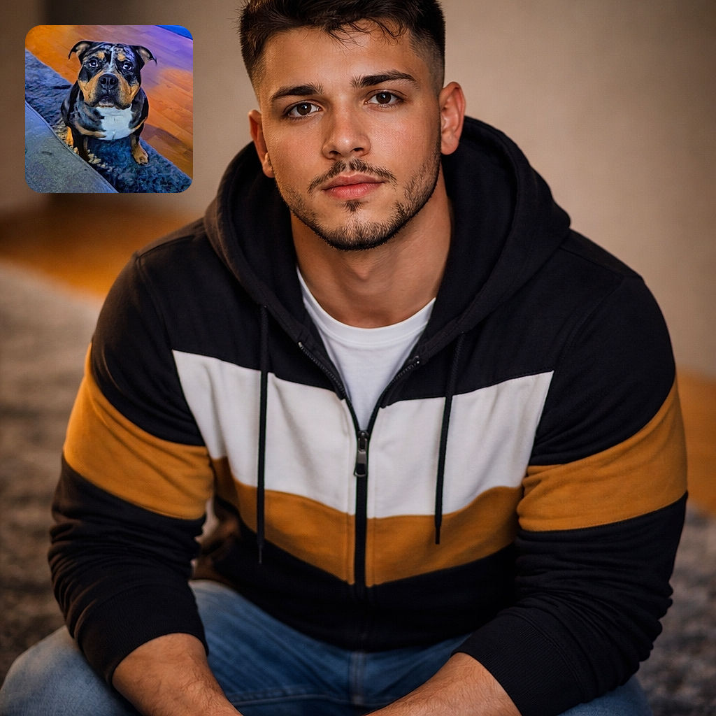 A charming dog with a striking merle coat pattern sits attentively on a cozy blue rug, its soulful eyes looking up as if waiting for a treat or a belly rub. The warm wooden floor and soft lighting add a homely, inviting atmosphere to the scene.