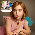 A fluffy white and tan dog wearing a pink and blue tutu dress is lying on the grass with its tongue out licking its nose. The photo has decorative floral and text overlays at the bottom that say 'love you forever' and some small shoes with 'you' and 'me' written on them.