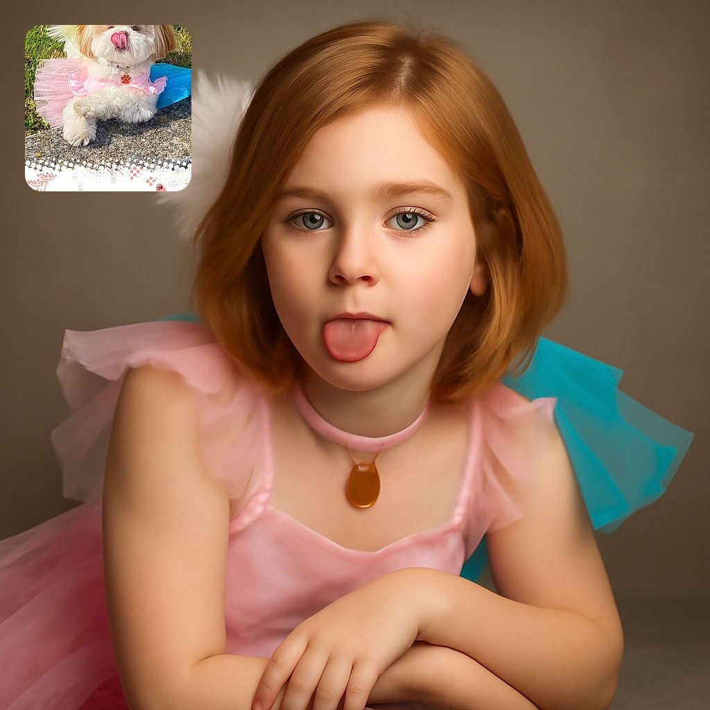 A fluffy white and tan dog wearing a pink and blue tutu dress is lying on the grass with its tongue out licking its nose. The photo has decorative floral and text overlays at the bottom that say 'love you forever' and some small shoes with 'you' and 'me' written on them.