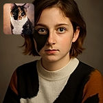 A striking close-up of a calico cat with mesmerizing green eyes, its fur pattern perfectly split between black and orange, sitting calmly against a softly blurred background that highlights its curious and gentle expression.