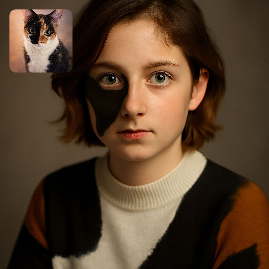 A striking close-up of a calico cat with mesmerizing green eyes, its fur pattern perfectly split between black and orange, sitting calmly against a softly blurred background that highlights its curious and gentle expression.