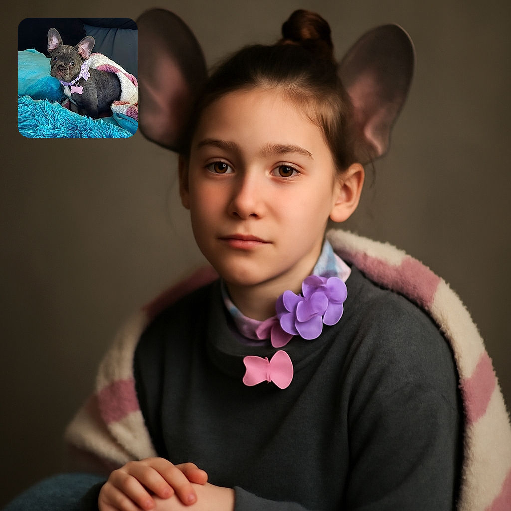 A cute French Bulldog puppy wrapped snugly in a cozy white and pink blanket, sitting on a vibrant blue fluffy surface with a matching pillow in the background. The pup wears a purple collar adorned with a flower and a bone-shaped tag, looking curiously at the camera with big ears perked up.