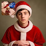 A small dog dressed in a Santa Claus outfit sits on a mattress surrounded by various blankets and clothes, looking up with a slightly confused expression as if wondering why it got roped into holiday duties.