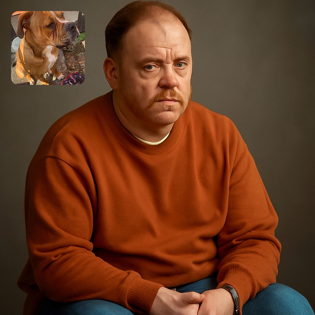 A dignified brown dog with a white patch on its chest sits patiently outdoors next to a colorful red, white, and blue rope toy. The dog looks off to the side with a calm expression, bathed in warm sunlight against a backdrop of a brick wall and some scattered greenery.