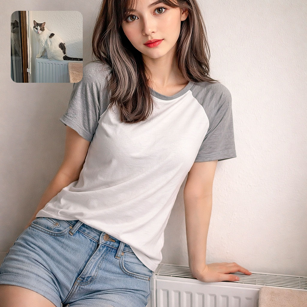 A white-and-gray cat perches like a tiny radiator supervisor, staring at the camera with wide curious eyes while its ghostly reflection peers back from the window — radiator, textured wall and a dangling plush toy complete the cozy domestic scene.