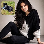 A majestic black and white dog lounges leisurely on a sunny patch of green grass, looking calmly at the camera with a serene expression, basking in the warm daylight.