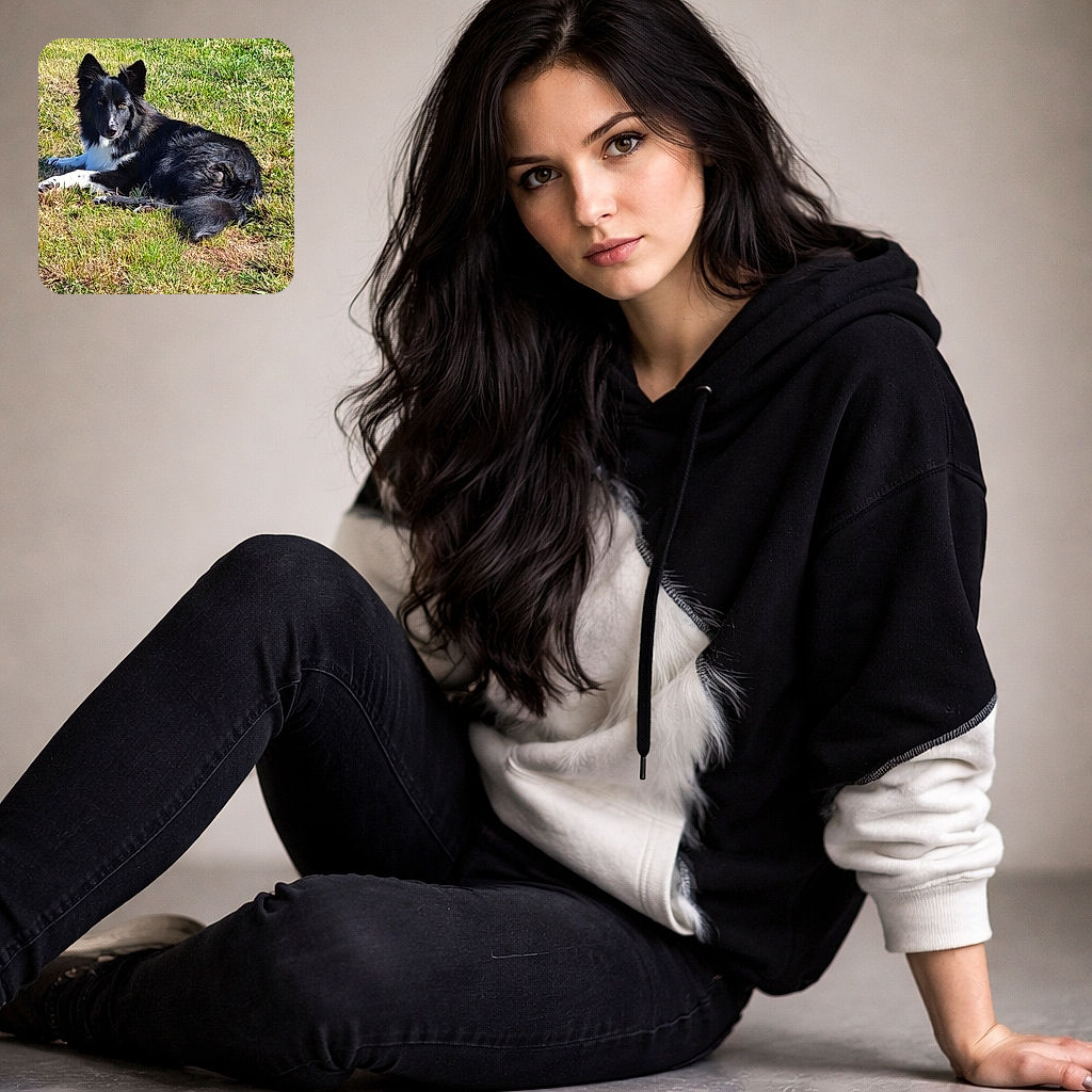 A majestic black and white dog lounges leisurely on a sunny patch of green grass, looking calmly at the camera with a serene expression, basking in the warm daylight.