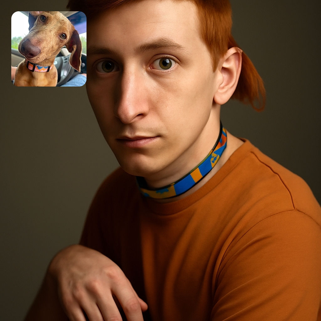 A close-up photo of a curious dog with floppy ears and a colorful collar, sitting inside a car. The dog's face is the main focus, with a soft background showing parts of the car interior and a person's leg in jeans.