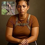 A well-focused photo of a brown dog sitting attentively in a lush green forest, surrounded by moss, tree trunks, and scattered twigs, with a leash extending towards the camera, capturing a peaceful outdoor moment.