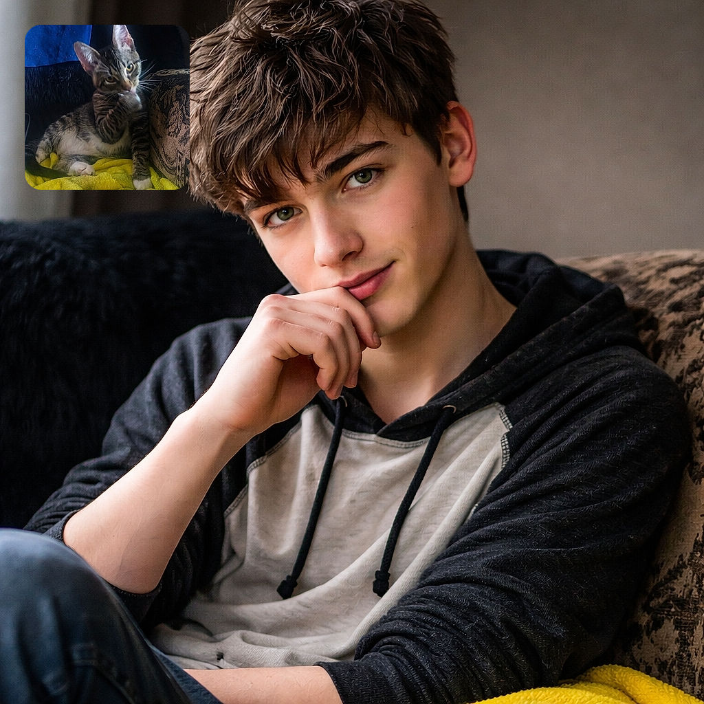A mischievous tabby kitten mid-groom, one paw to its mouth like it's practicing adorable diplomacy; lounging on a bright yellow towel against a patterned couch and deep blue backdrop, with golden eyes and prominent whiskers stealing the show.