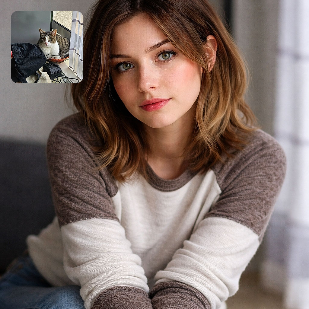 A chonky tabby cat majestically tucked into a wire bowl on a cluttered windowsill, giving you the classic unimpressed stare while tote bags, chargers and curtains form its humble royal court.