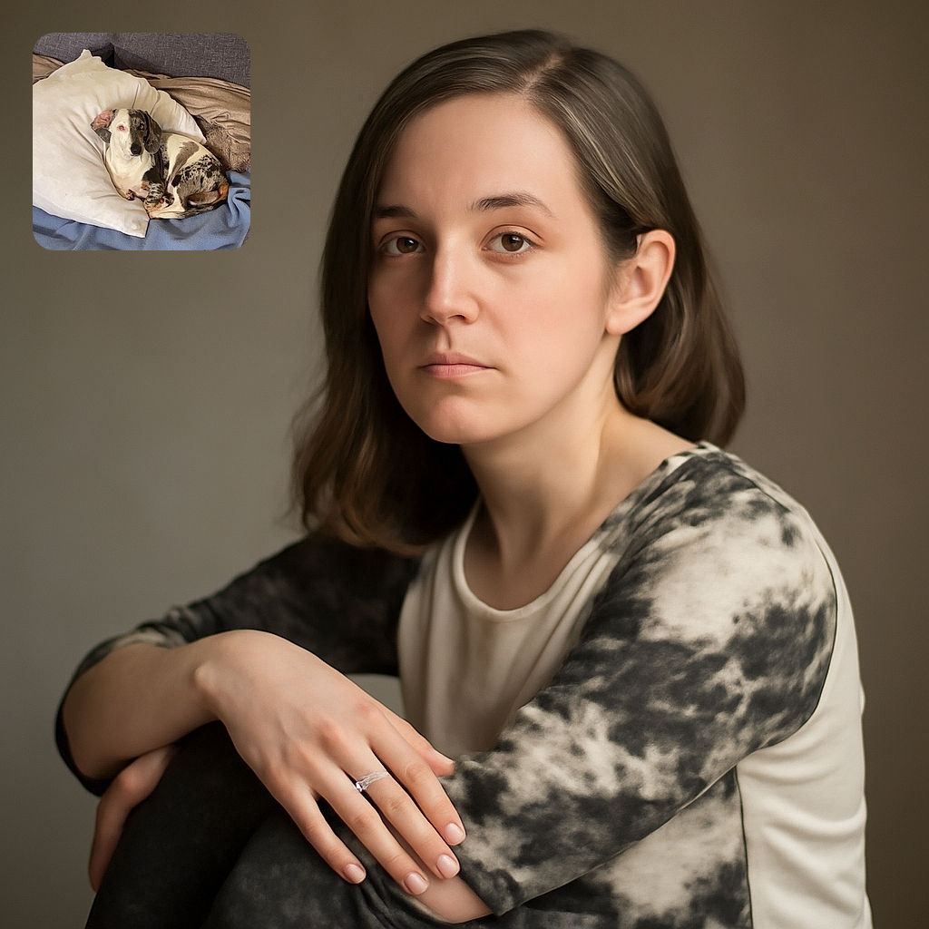 A charming dachshund with a unique merle pattern is cozily curled up on a white pillow atop a blue blanket on a gray couch, looking attentively at the camera with one ear flopped over.