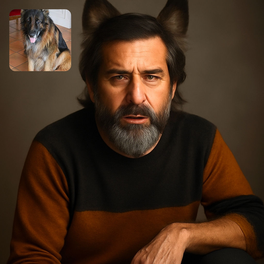 A majestic German Shepherd sits patiently on a tiled floor with its tongue out, looking like the ultimate indoor guardian. The cozy indoor setting includes a red cushioned chair and white cabinetry, adding a homely vibe to this furry friend's portrait.