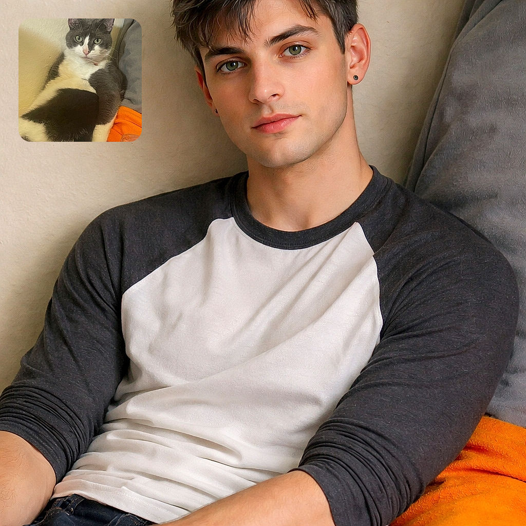 A chubby gray and white cat lounges comfortably against a wall, looking directly at the camera with a calm and slightly curious expression, surrounded by cozy blankets and household items.
