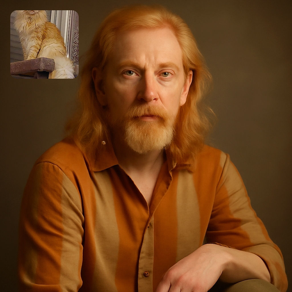 A majestic fluffy orange Maine Coon cat perched regally on a rustic cat tree, gazing intently with wise golden eyes, surrounded by cozy indoor textures and a hint of patterned wallpaper in the background.