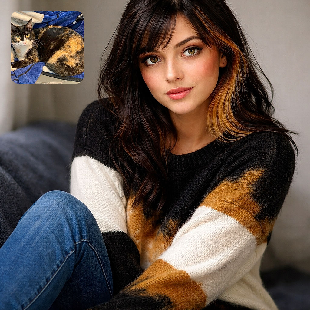 A wide-eyed calico cat loafing on a plush blue blanket, staring directly at the camera like it just remembered it left the universe slightly out of order. Ears perked, whiskers on point, and a tail curled neatly — pure cozy mischief.