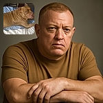 A large brown dog lounges comfortably on a blue and white bedspread, looking back with a slightly sleepy or contemplative expression, surrounded by a cozy indoor setting with wooden furniture and soft bedding.