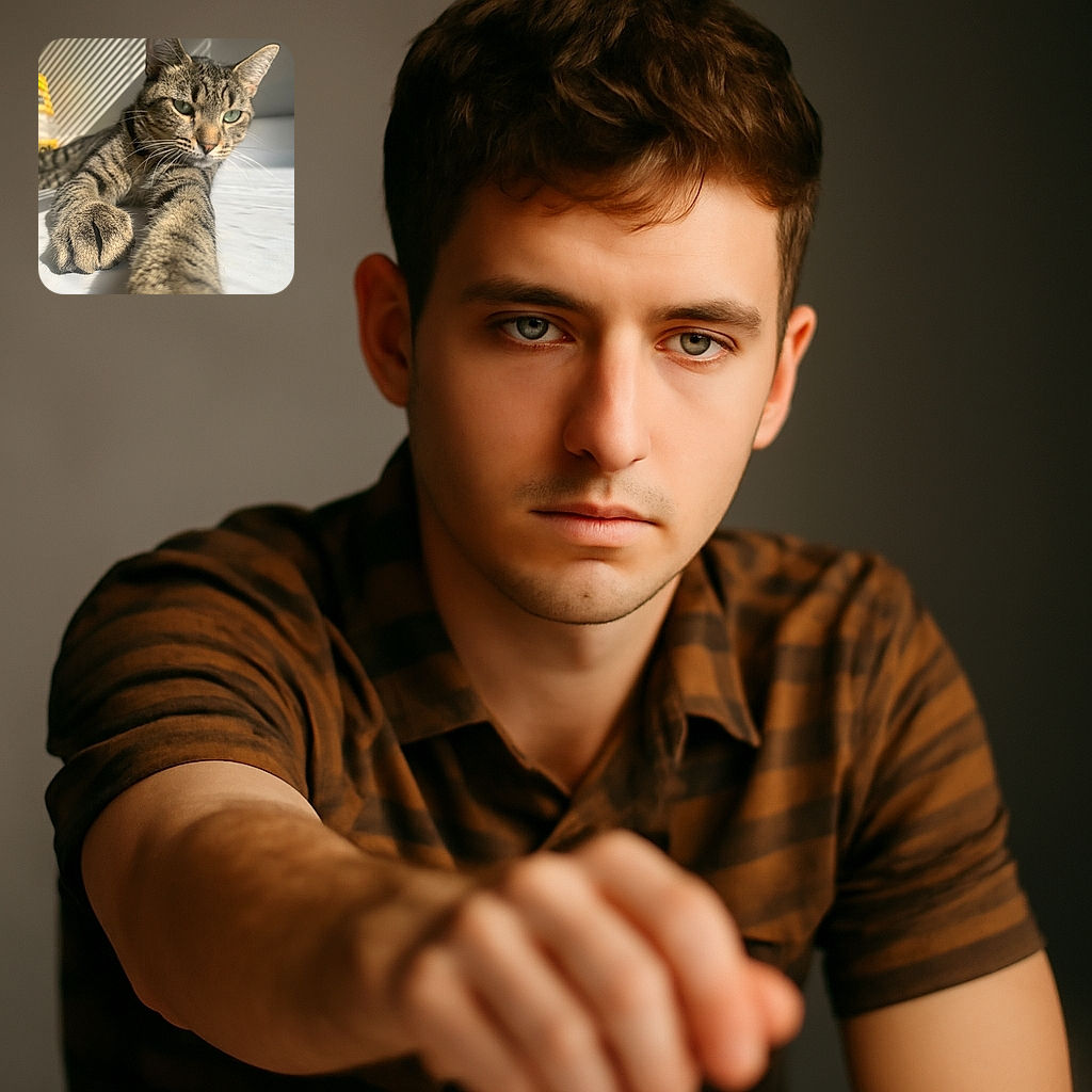 A close-up shot of a tabby cat stretching its paw towards the camera with a slightly blurred background and soft natural lighting highlighting the cat's fur texture and green eyes.