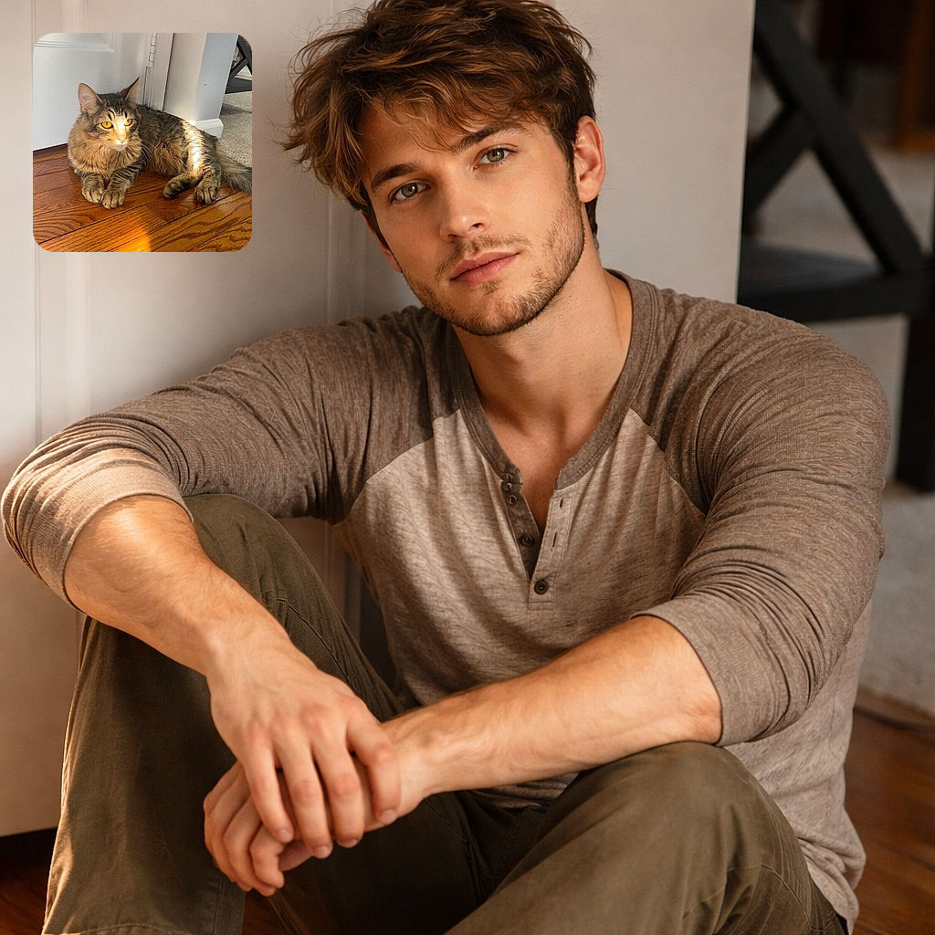 A floofy tabby cat lounges in a sunbeam like it pays the rent — golden eyes staring off into mysterious kitty thoughts while its paws remain perfectly poised for sudden zoomies.