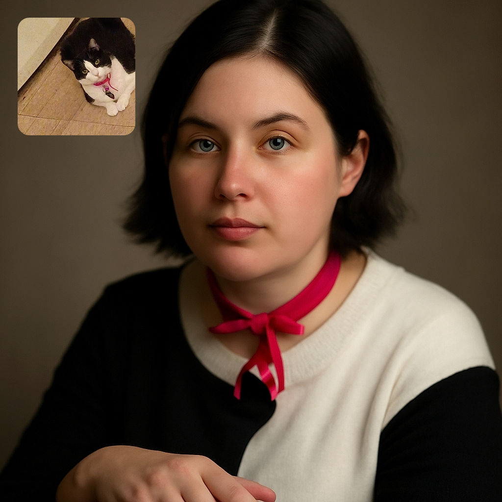 A black and white cat with a red collar and bell is lying on a wooden floor, looking up with curious eyes. The photo has a watermark and timestamp overlay, adding a bit of techy charm to this feline's chill moment.