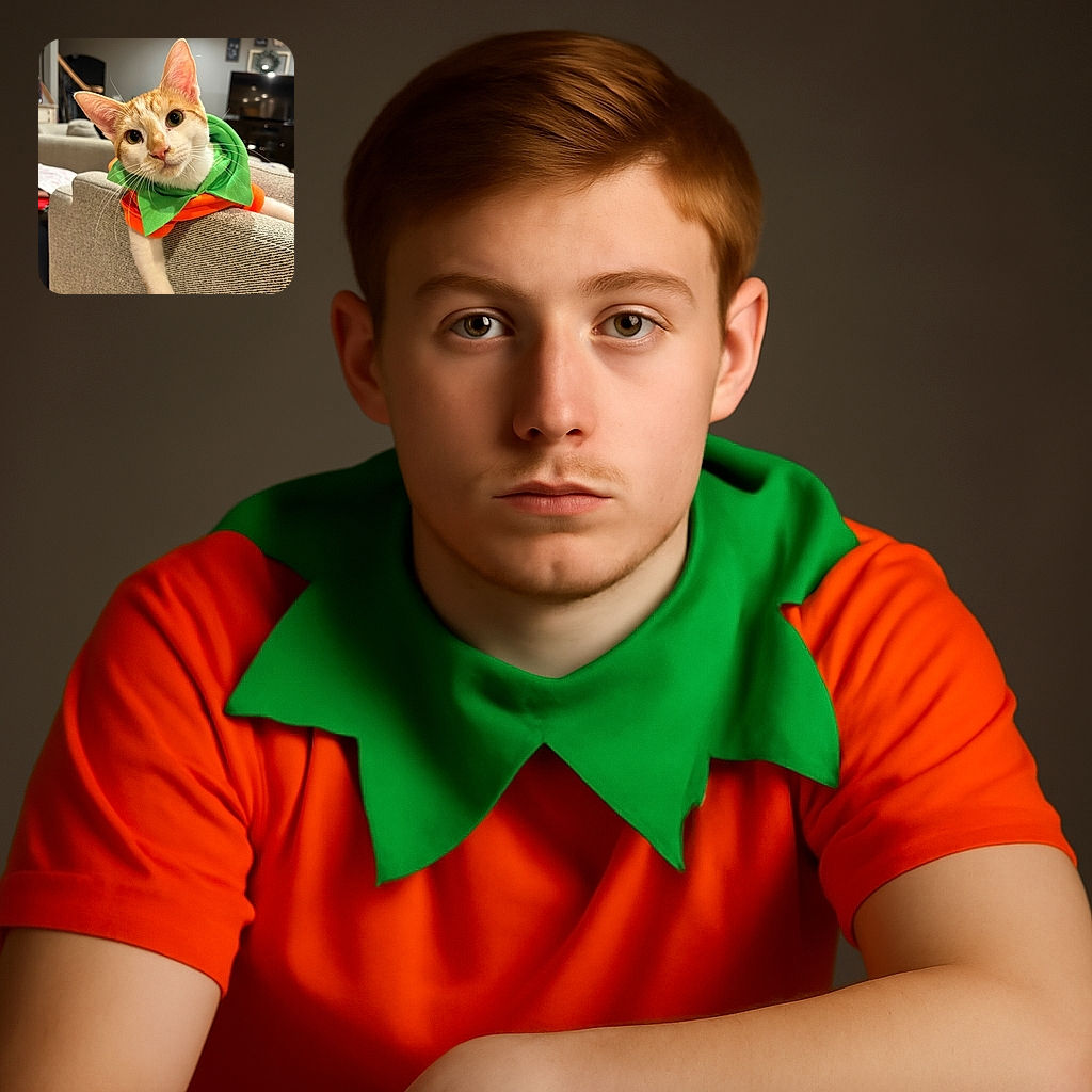 A curious orange and white cat dressed in a vibrant pumpkin costume lounges on the back of a couch, tilting its head inquisitively towards the camera in a cozy living room setting.
