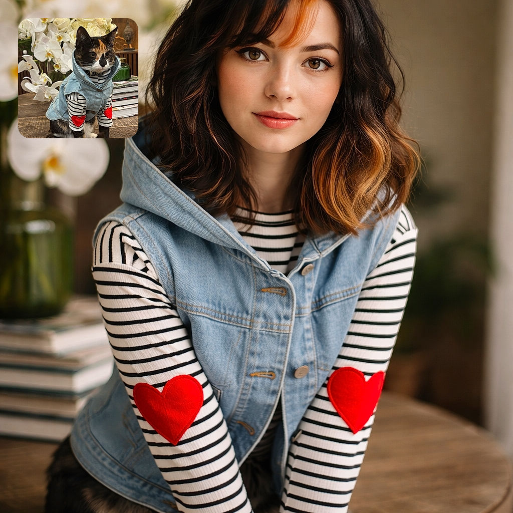 A stylish calico kitten striking a very serious runway pose in a tiny denim hoodie and striped sweater with red heart patches, sitting primly on a wooden table in front of a lush bouquet of white orchids and roses — equal parts haute couture and offended feline royalty.