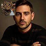 A close-up shot of a tabby cat with striking green eyes and intricate fur patterns, resting comfortably on a person's lap. The background is softly blurred, highlighting the cat's curious and slightly serious expression as if it's judging your life choices.