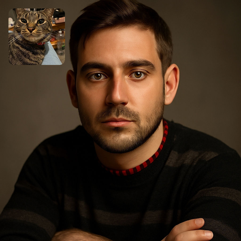 A close-up shot of a tabby cat with striking green eyes and intricate fur patterns, resting comfortably on a person's lap. The background is softly blurred, highlighting the cat's curious and slightly serious expression as if it's judging your life choices.