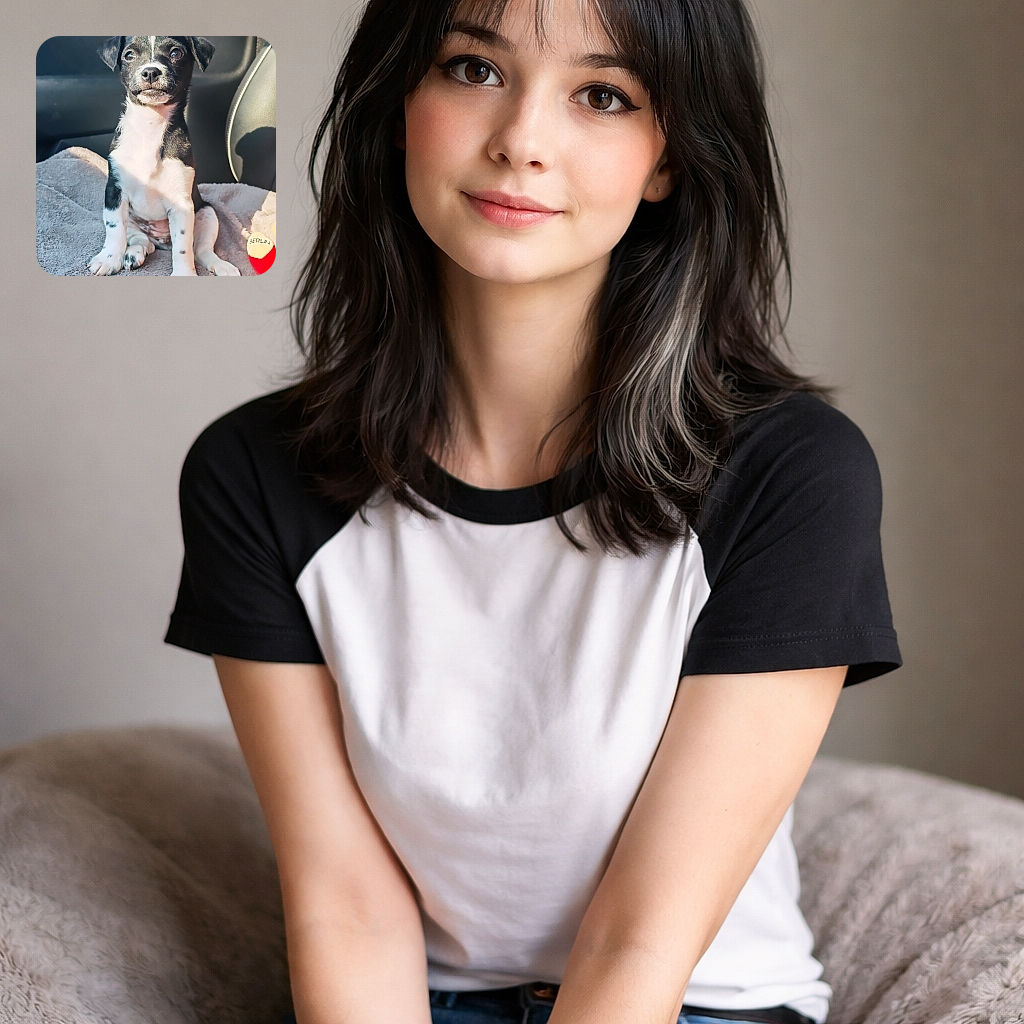 A charming black and white puppy sits attentively on a soft blanket inside a car, bathed in warm sunlight that highlights its shiny fur and curious eyes, with a colorful plush toy nearby adding a playful touch.