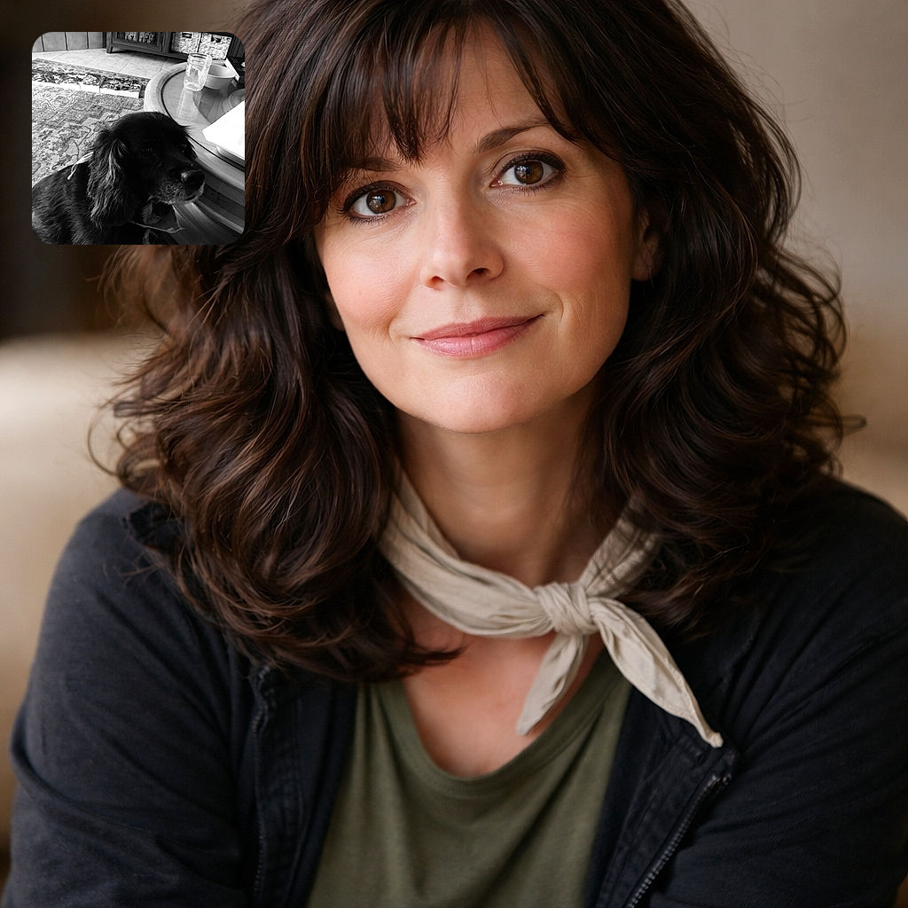 A soulful black-and-white dog stares up with melodramatic eyes as if auditioning for a noir film; mason jar and bowl on the coffee table, patterned rug and bookshelf in the background — the pupper clearly owns the room (and the snack hopes).