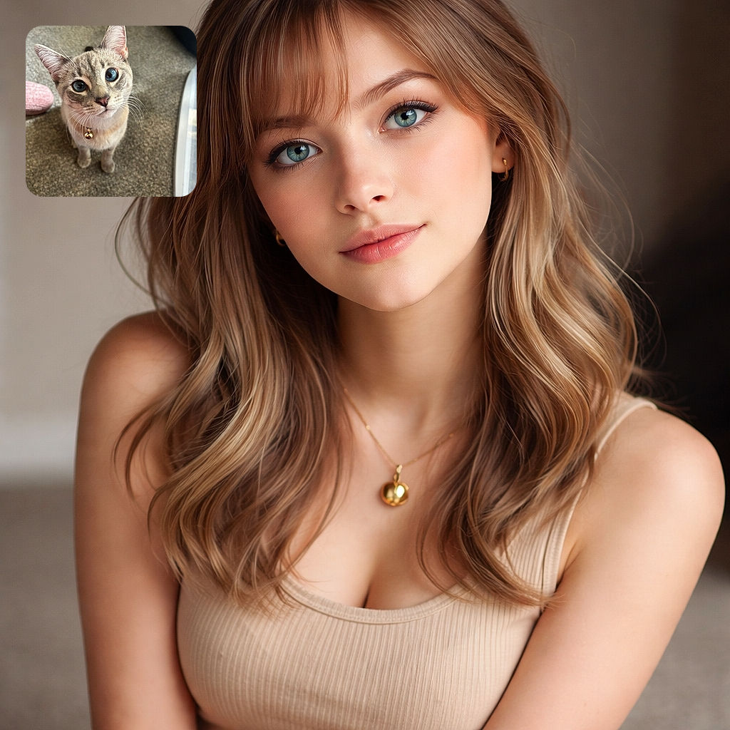 A wide-eyed blue-eyed cat stares up with irresistible curiosity, bell jingling on its collar while perky ears and long whiskers dominate the frame — the carpeted living-room floor provides a cozy backdrop.