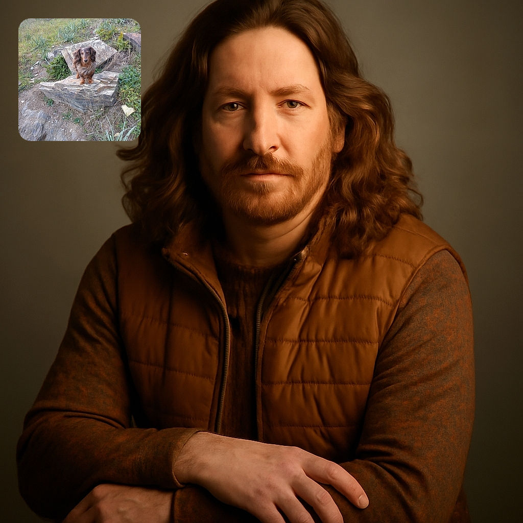 A fluffy long-haired dog confidently perched on a large rock amidst a rugged, grassy terrain, looking straight into the camera with a calm and composed expression, surrounded by natural greenery and earthy textures.