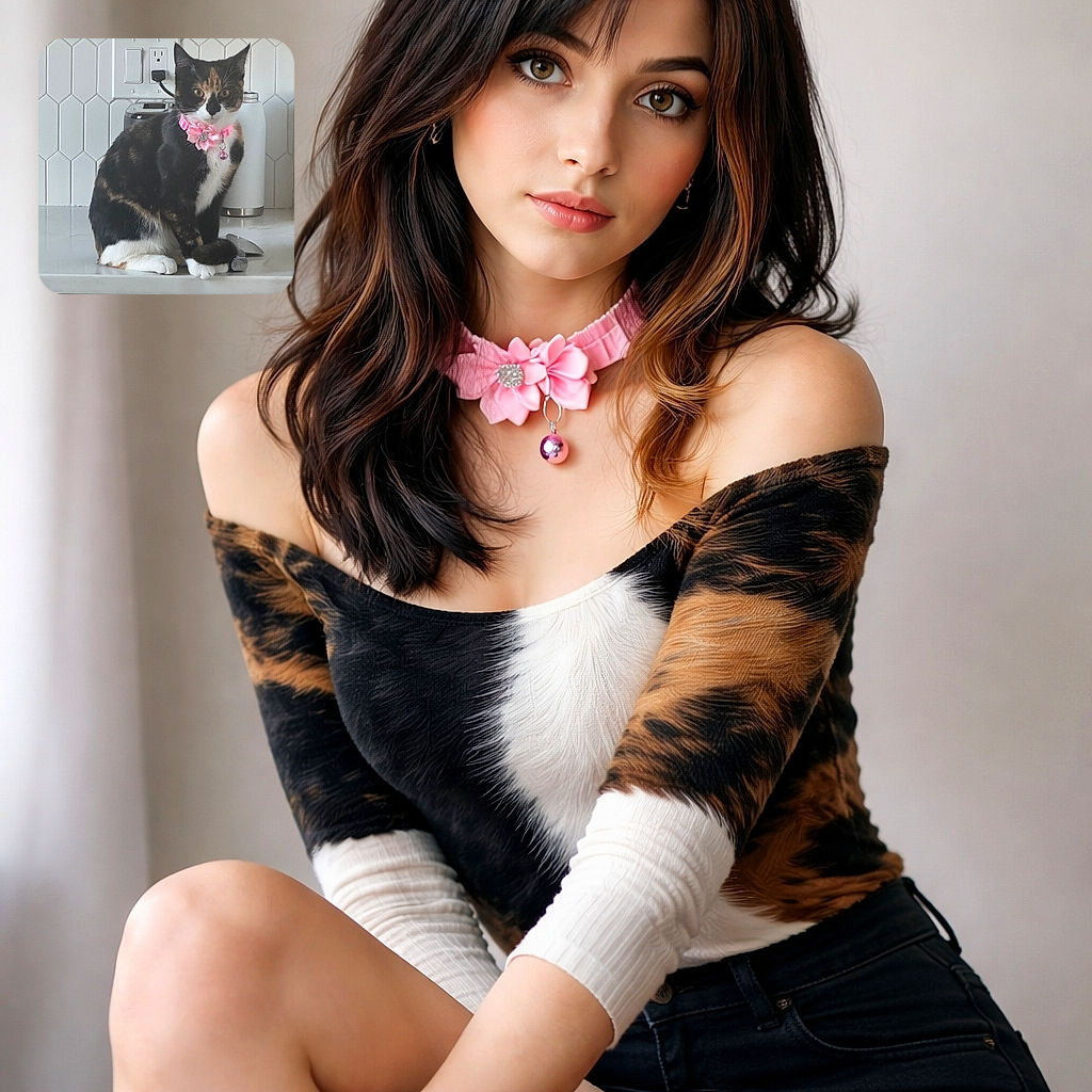 A sassy calico kitten in a pink flower collar has claimed the kitchen counter as her throne, sitting between a toaster and a jar and staring like she personally installed the outlet — bell and whiskers on full display.