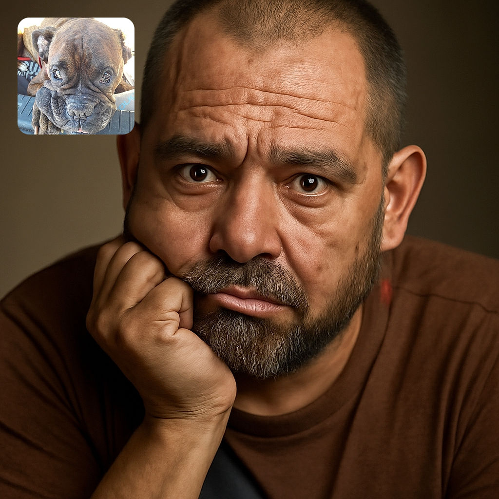 A close-up photo of a wrinkly, expressive dog face with soulful eyes and a tiny pink tongue peeking out, resting its chin on a textured surface, capturing the dog's charming and slightly goofy personality.