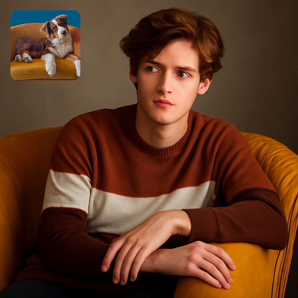 A fluffy, tri-colored dog lounges elegantly on a mustard-yellow velvet couch, tilting its head with curious eyes as if pondering the mysteries of the universe or just waiting for a treat.