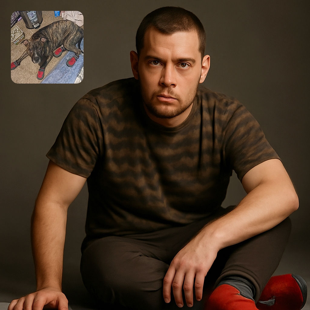 A brindle dog wearing red and gray booties on all four paws lounges on a carpeted floor next to a blue towel and a plaid blanket, giving a curious look to the camera amidst a cozy indoor setting with household items in the background.