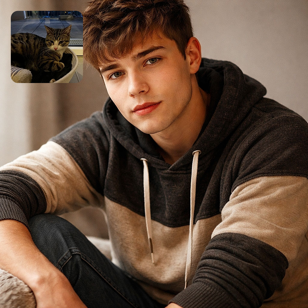 A cozy tabby cat lounges in a soft basket near a window, looking slightly curious or contemplative as the evening light casts gentle shadows on the tiled floor outside.