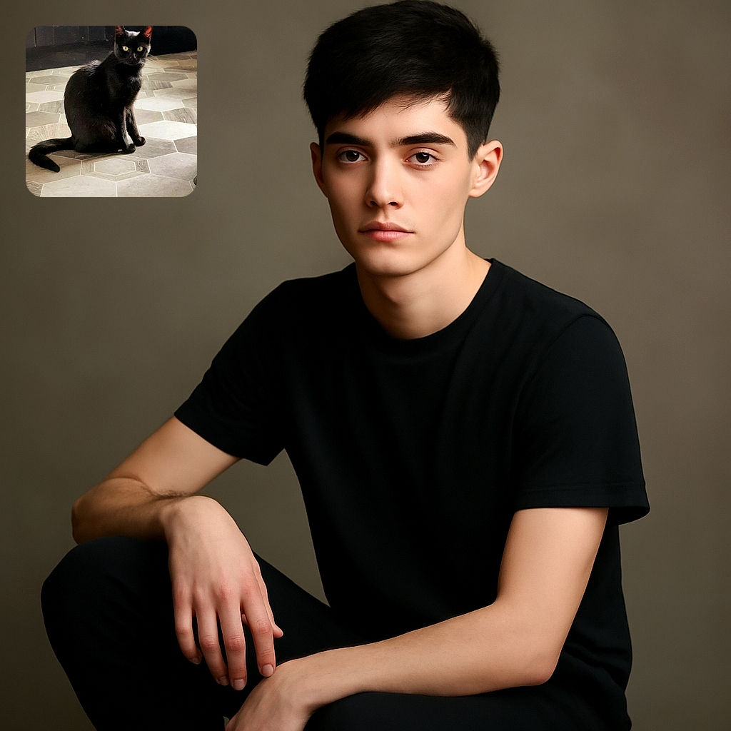 A sleek black cat sits calmly on a patterned hexagonal tile floor, its bright eyes staring directly at the camera with a curious yet mysterious gaze. The dark cabinetry in the background contrasts with the lighter floor, highlighting the cat's shiny fur.