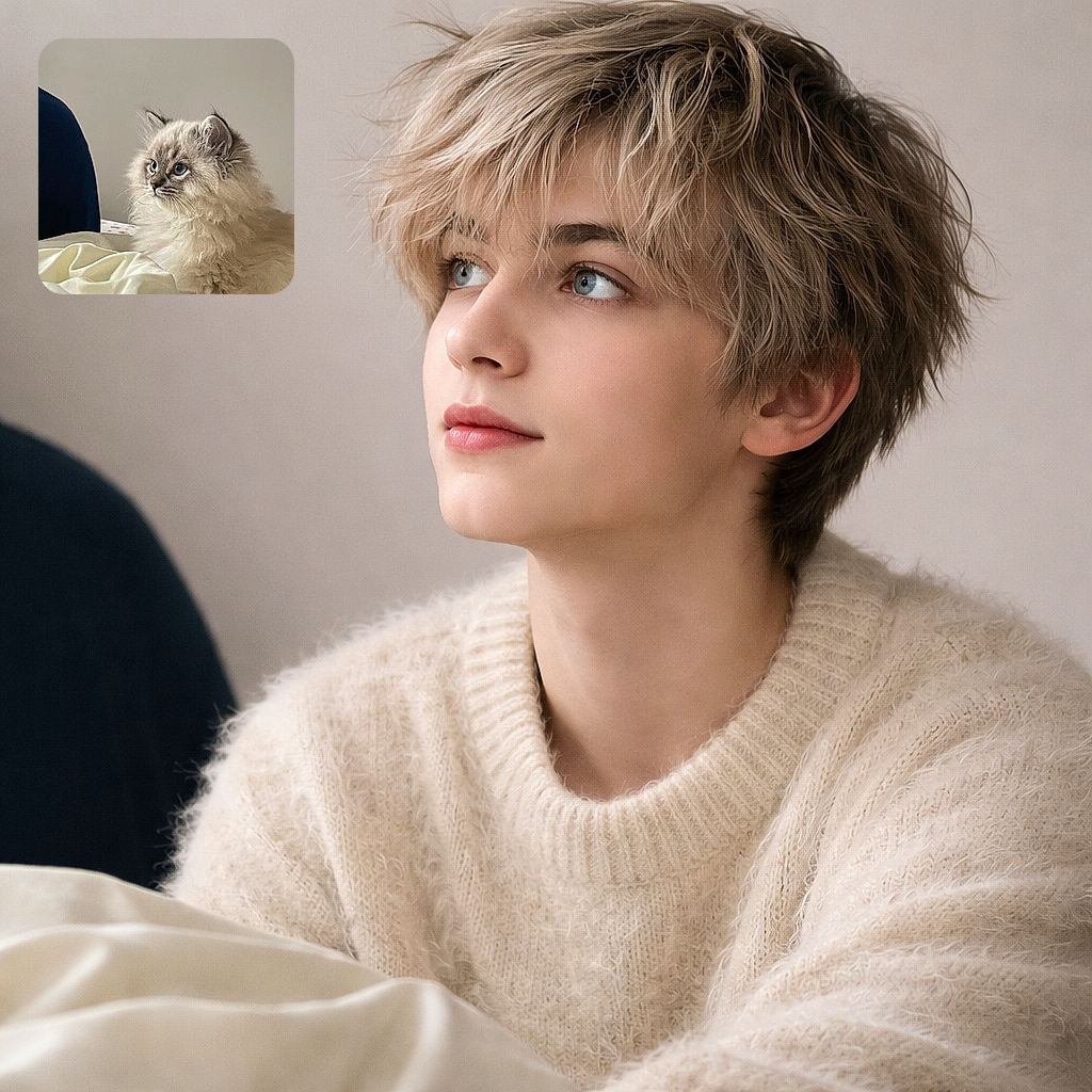 A ridiculously fluffy kitten with big blue eyes stares off like a tiny, disheveled aristocrat plotting nap times and world domination; soft natural light, neutral background, and a cozy rumpled blanket complete the portrait.